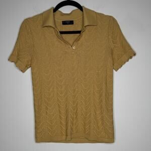 Tahari Scallop Hem Short Sleeve Knit Sweater Shirt Mustard Size S